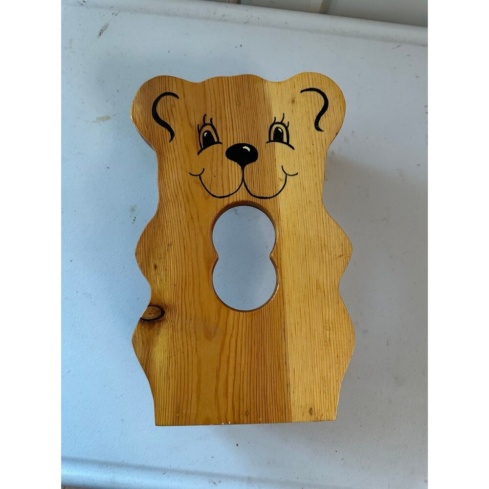 Vintage Solid Natural Wood Grain Finish Cartoon Teddy Bear Tissue Box Holder